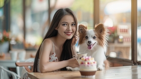 咖啡厅萌犬美女摄影图片